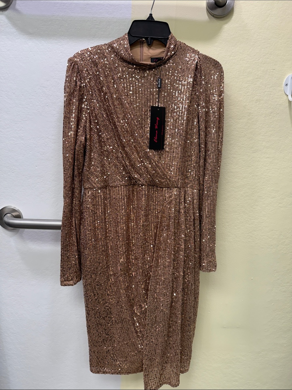 Sequin Long-Sleeve Midi Dress in Rose Gold
